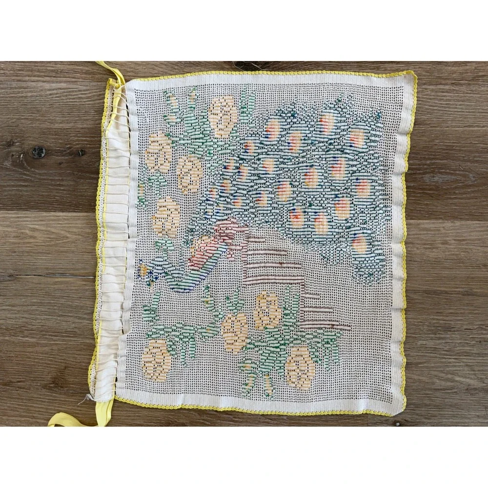 Handmade Vintage Peacock Cross Stitch Half Apron Women OS White Yellow Folk Art